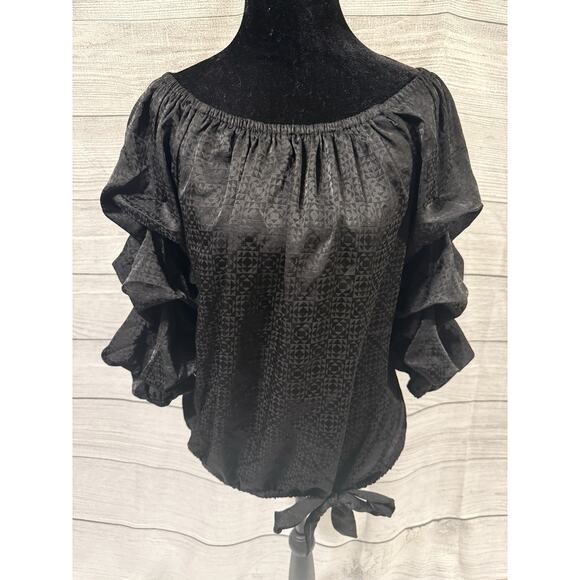 Black Vince Camuto off the Shoulder bubble 3/4-sleeve tie-front blouse Medium - Picture 2 of 10
